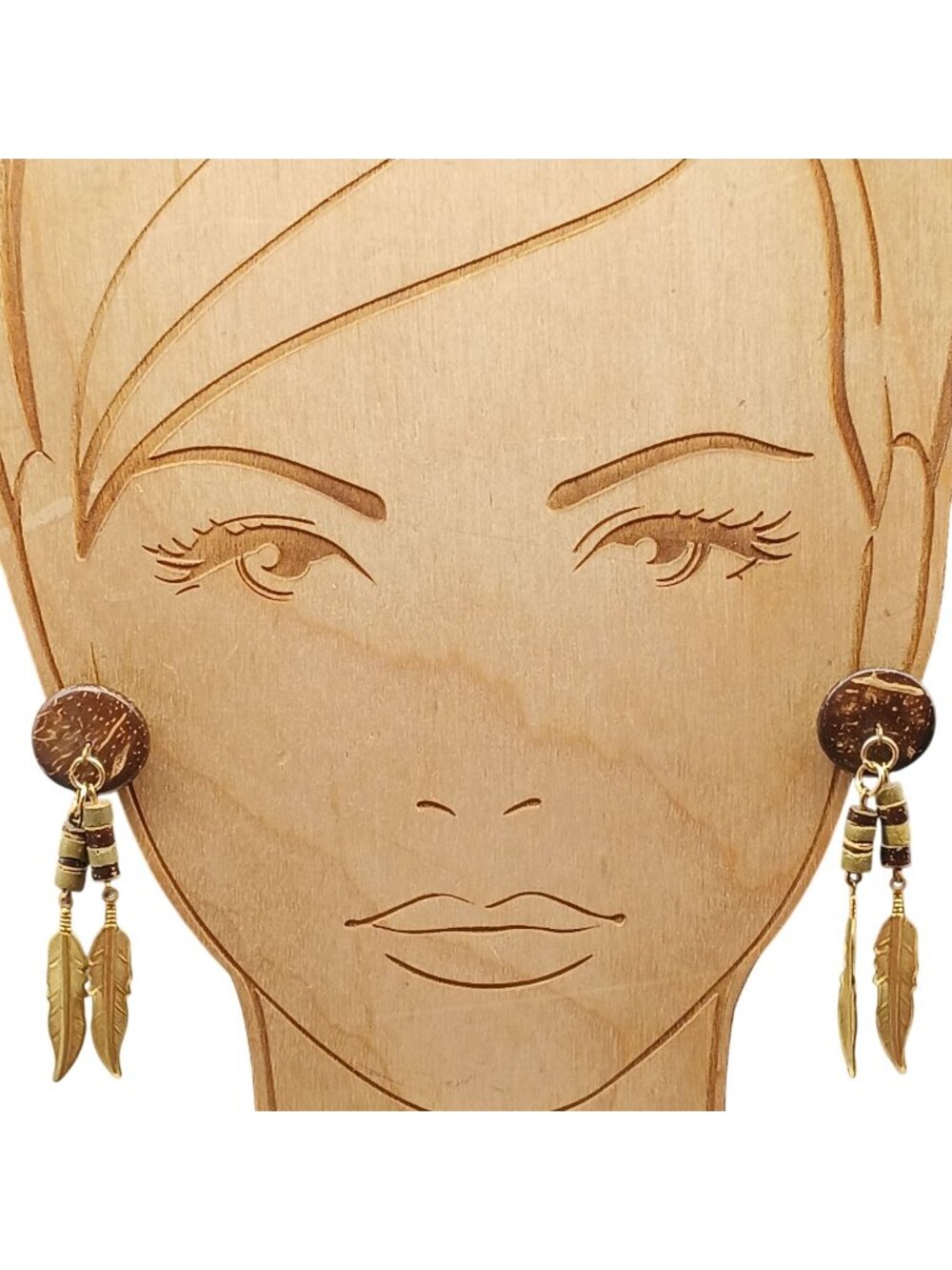 Boho Coconut Shell & Gold-Tone Feather Dangle Earrings